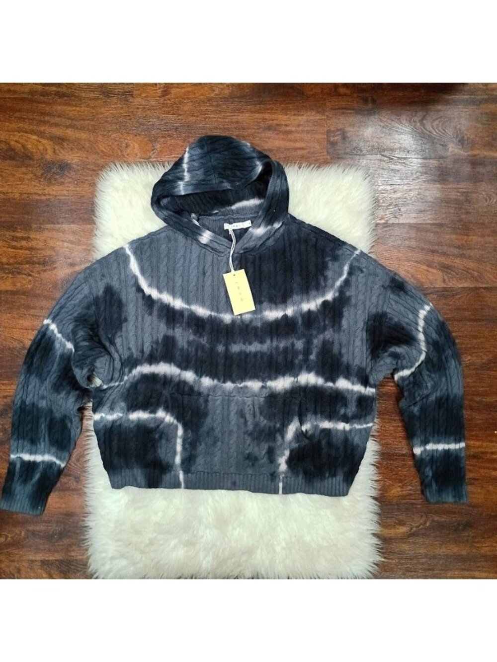 MNML Mens Tie Dye Cable Knit Hoodie Black  M Cotton Cropped Oversized Fit New Wi - Picture 2 of 13